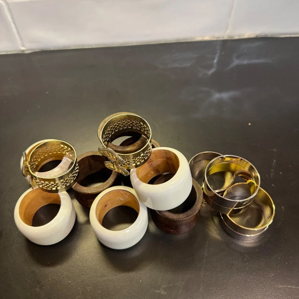 Mixed Napkin Rings Set Home 13pc White Brown Gold Silver Wood Ceramic Metal Bows